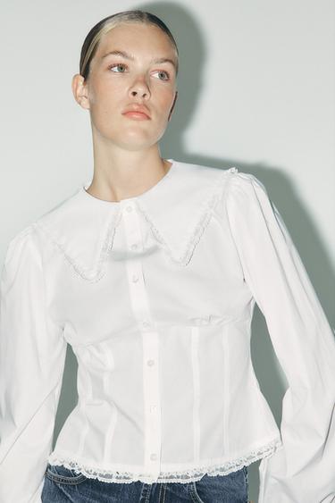 CAMISA POPELÍN CUELLO BOBO PUNTILLA - Blanco de Zara