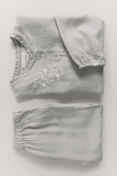 Zara AGES 6-14 / EMBROIDERED FLOWER PAJAMAS - Gray marl