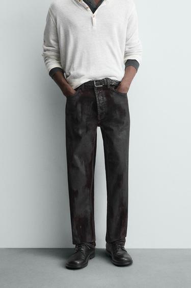 FLOCKED STRAIGHT-LEG JEANS - Brown by Zara
