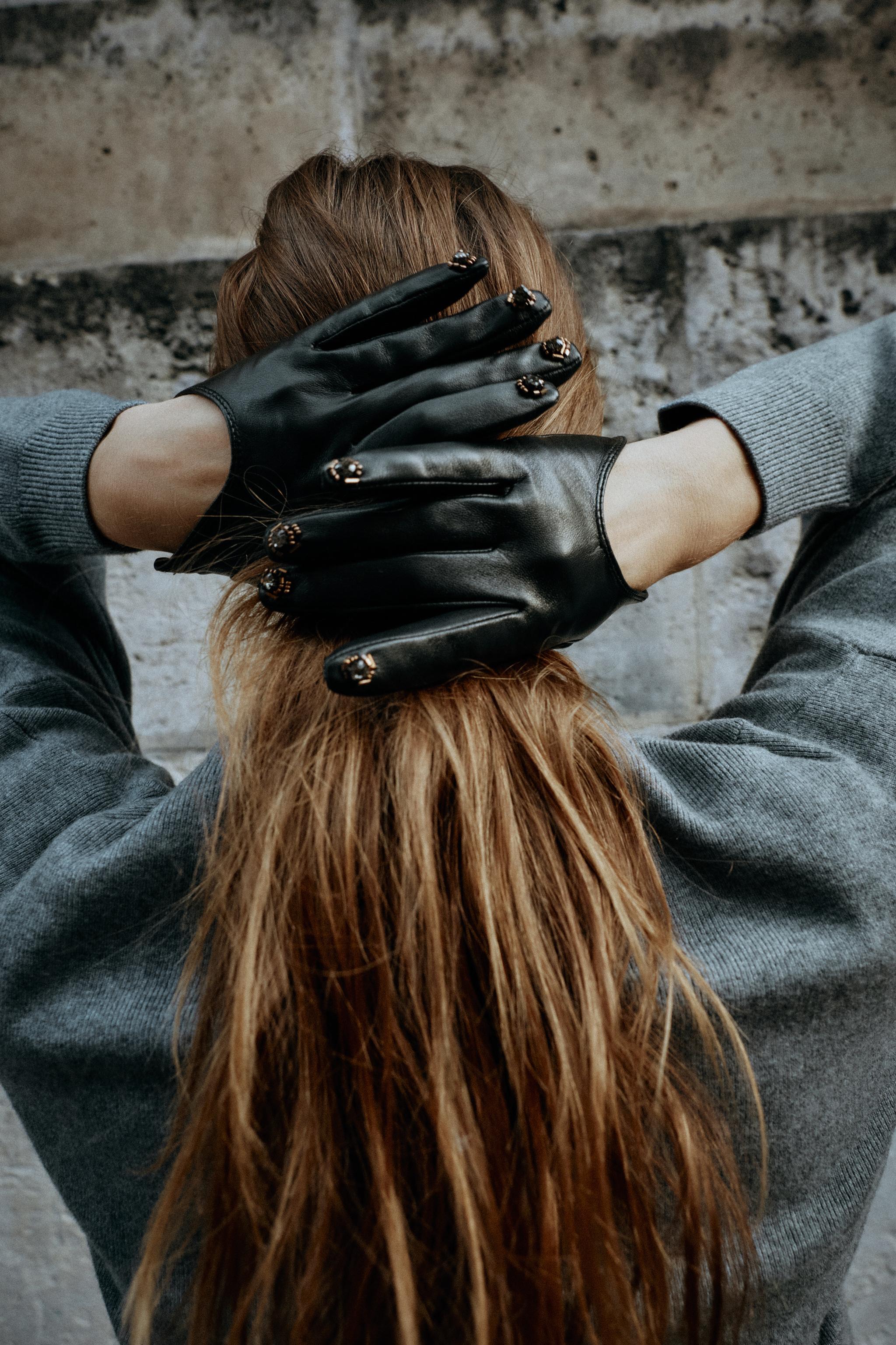 100% Leather Beaded Gloves by Zara