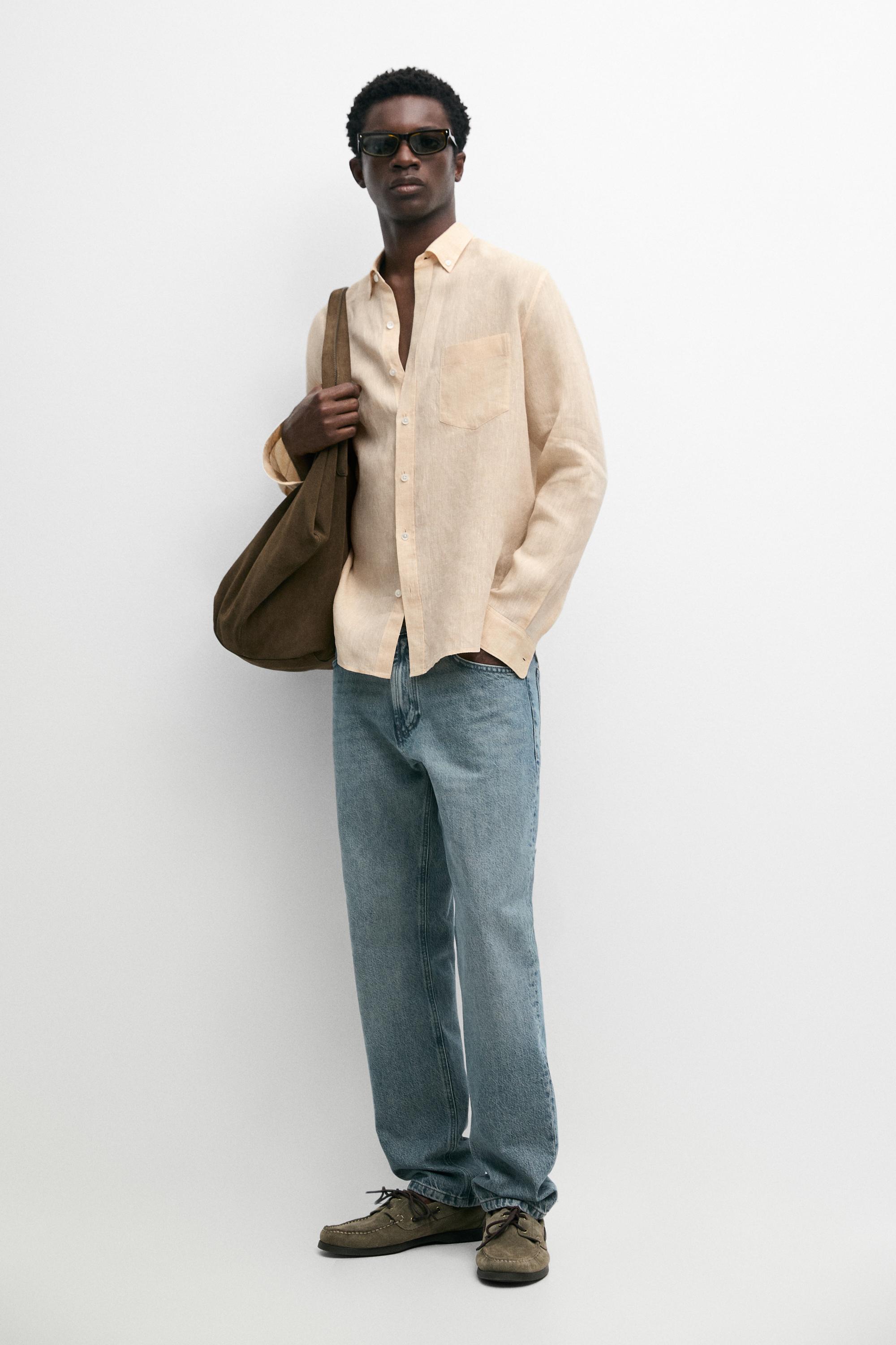 Regular fit 100% linen patch pocket shirt