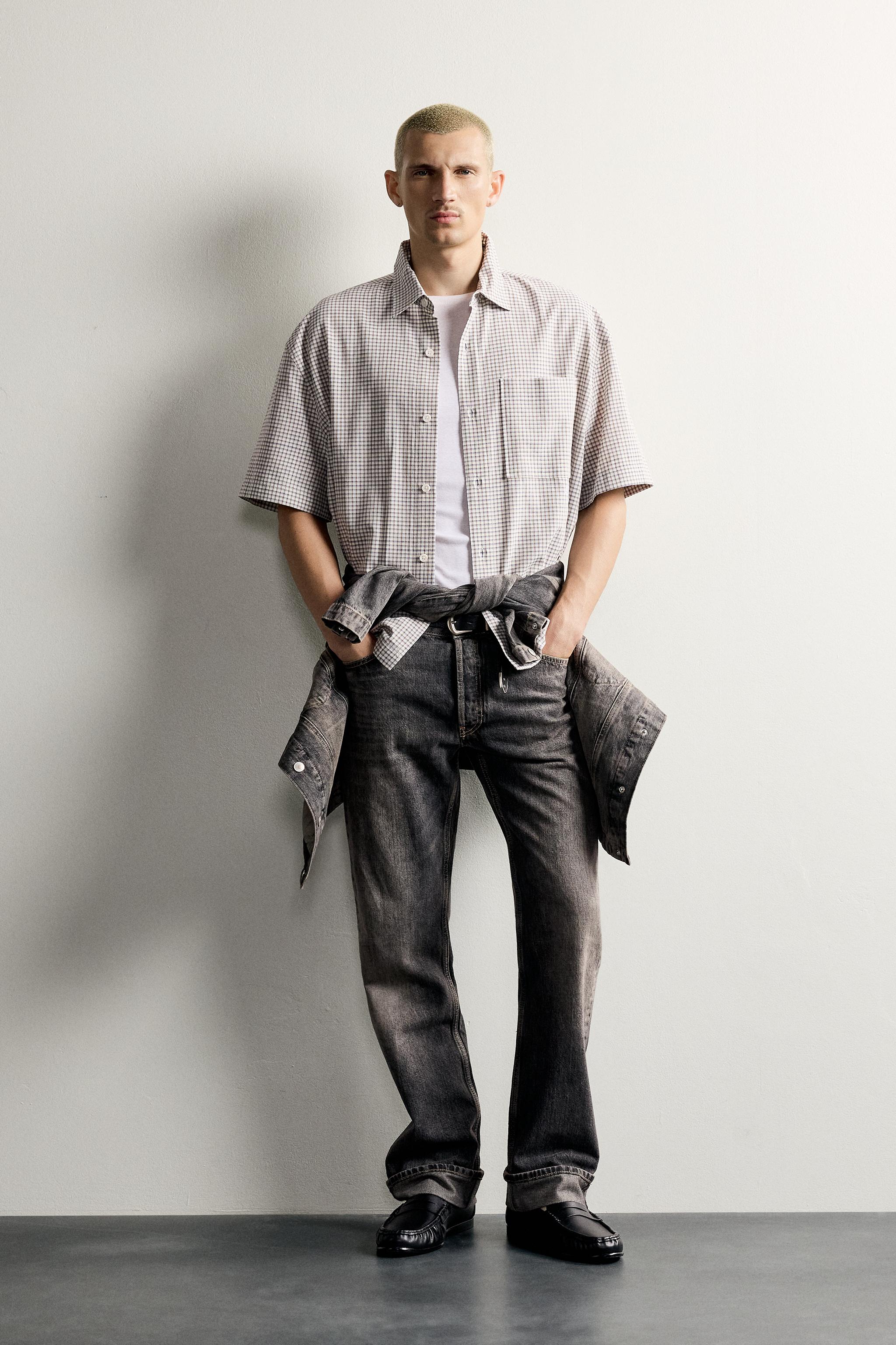 さち RELAXED FIT CHECKED SLOGAN SHIRT - Blue | ZARA Curaçao / Curazao