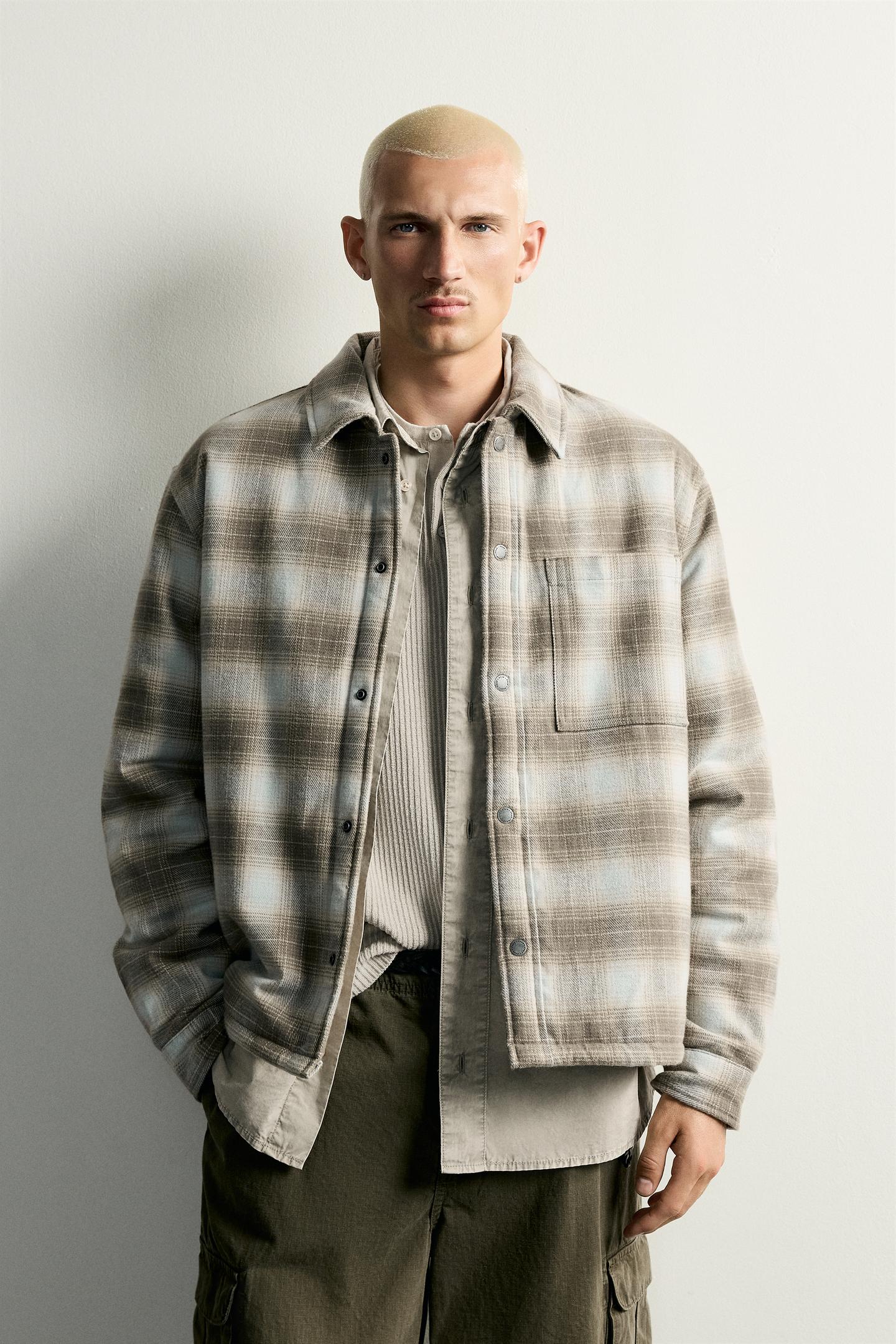 Мужская рубашка Zara Plaid Sherpa-Lined Overshirt, цвет: Серый / Рыжевато-коричневый — фото 2