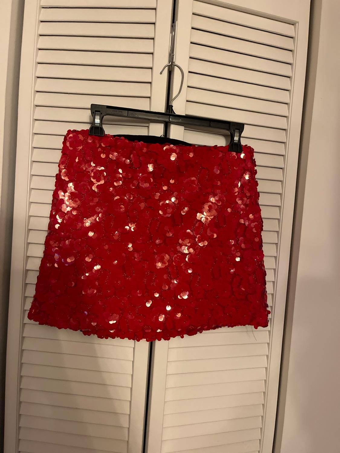 Red sequinned mini skirt hanging on a black hanger in front of white louvered doors.