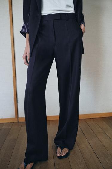 LINEN BLEND STRAIGHT-LEG TROUSERS - Navy blue by Zara - Image 1