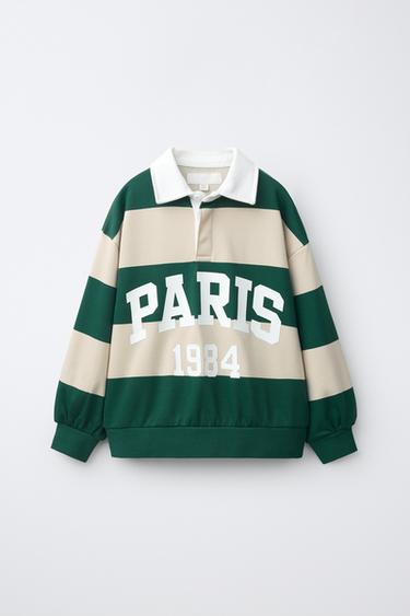 STRIPED PARIS PRINT POLO SWEATSHIRT - Green / Ecru by Zara - Image 0