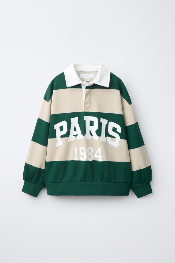 SUDADERA POLO RAYAS ESTAMPADO PARIS - Verde / Crudo de Zara - Imagen 0