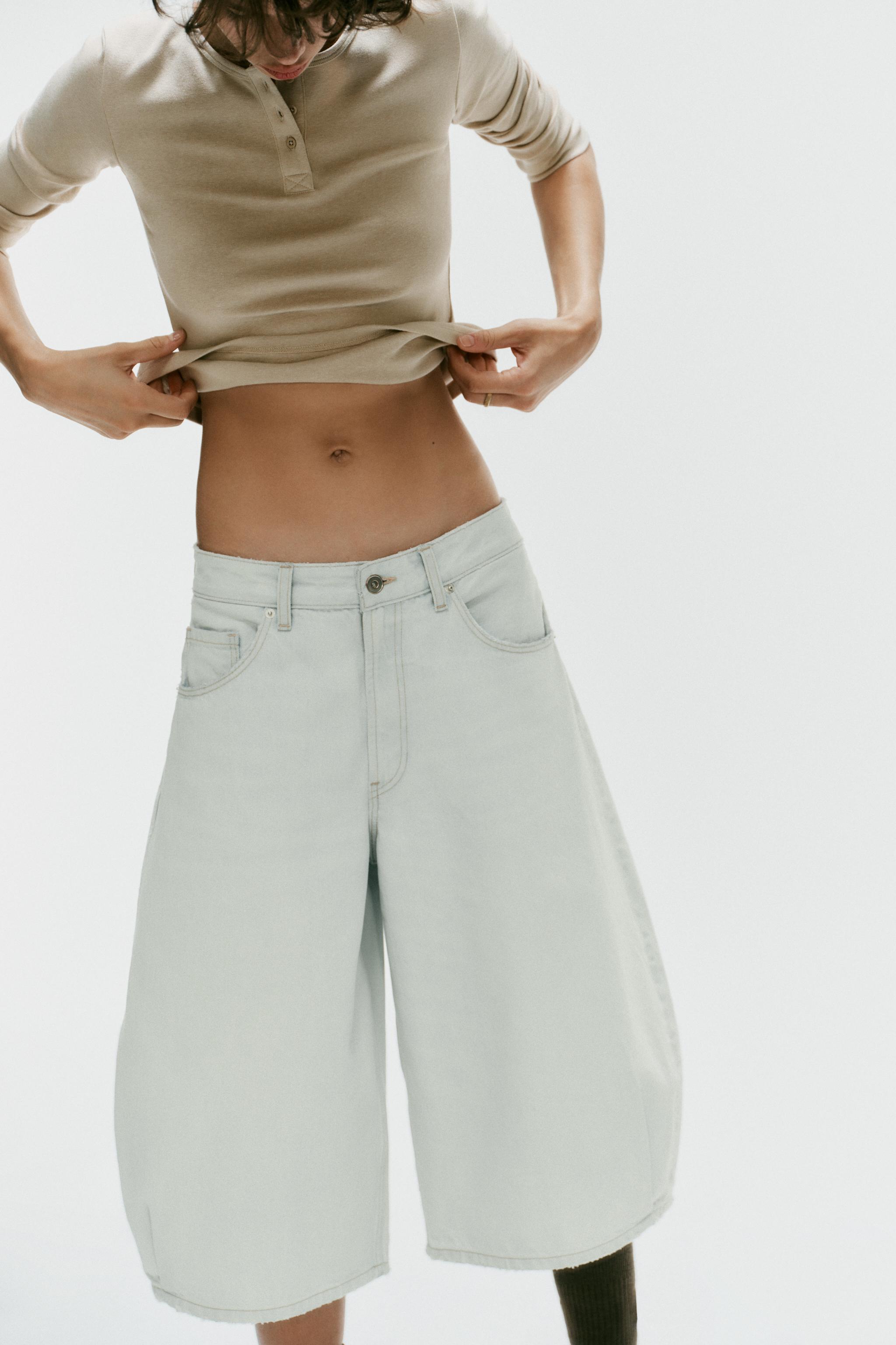 MID-RISE BALLOON DENIM JORTS — Light blue