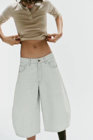 MID-RISE BALLOON DENIM JORTS — Light blue 2