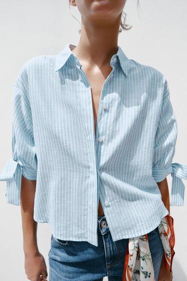 STRIPED LINEN BLEND SHIRT WITH BOWS - Blue/White by Zara - Image 1