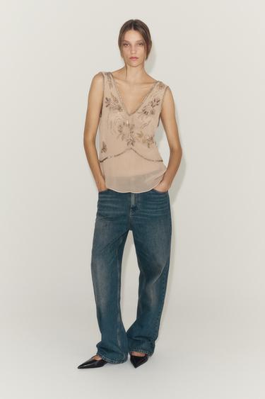 Zara TIKANDITEGA TOPP ZW COLLECTION - kreemikasroosa - Pilt 0