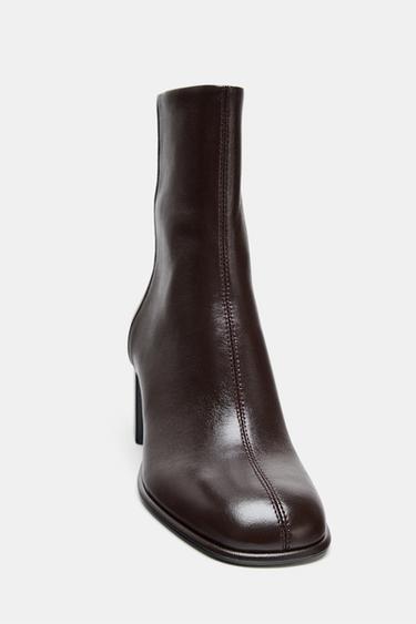BOTTINES EN CUIR À TALONS BLOCS - Marron chocolat de Zara - Image 2