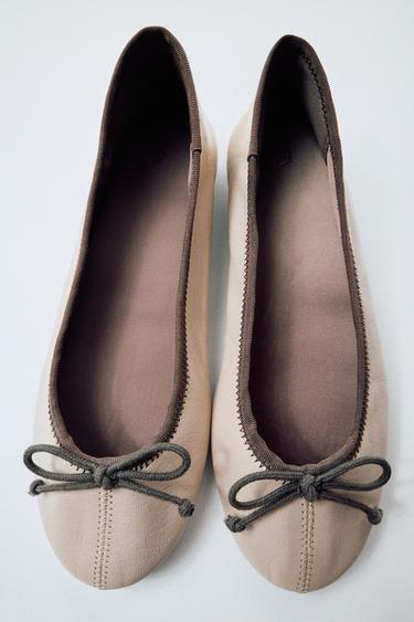 LEATHER BOW BALLET FLATS - Taupe Grey by Zara