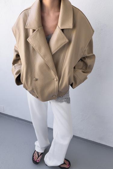 LEATHER EFFECT BOMBER JACKET - Stone by Zara - Image 2