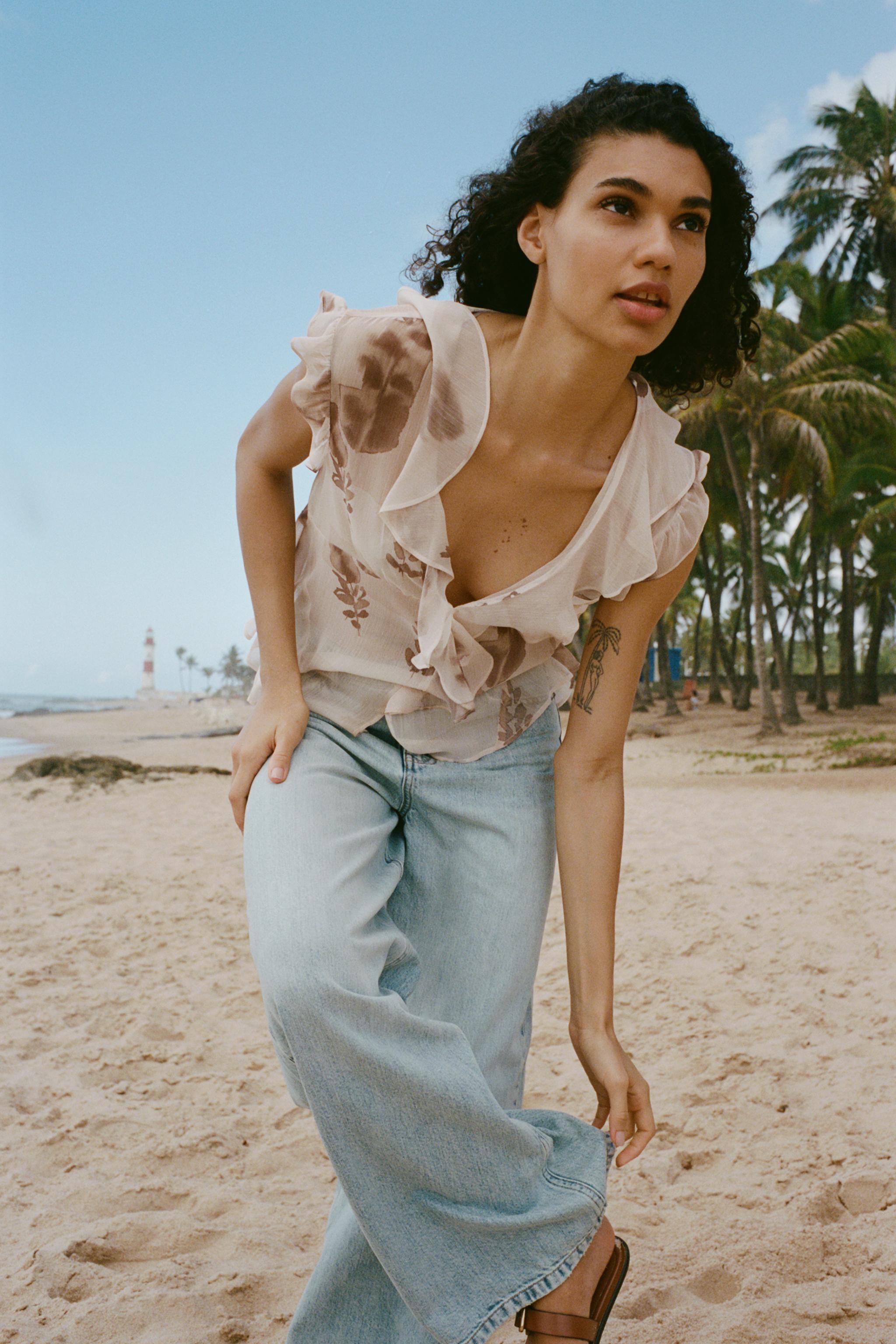 PRINTED RUFFLED TOP - Beige-brown | ZARA New Zealand