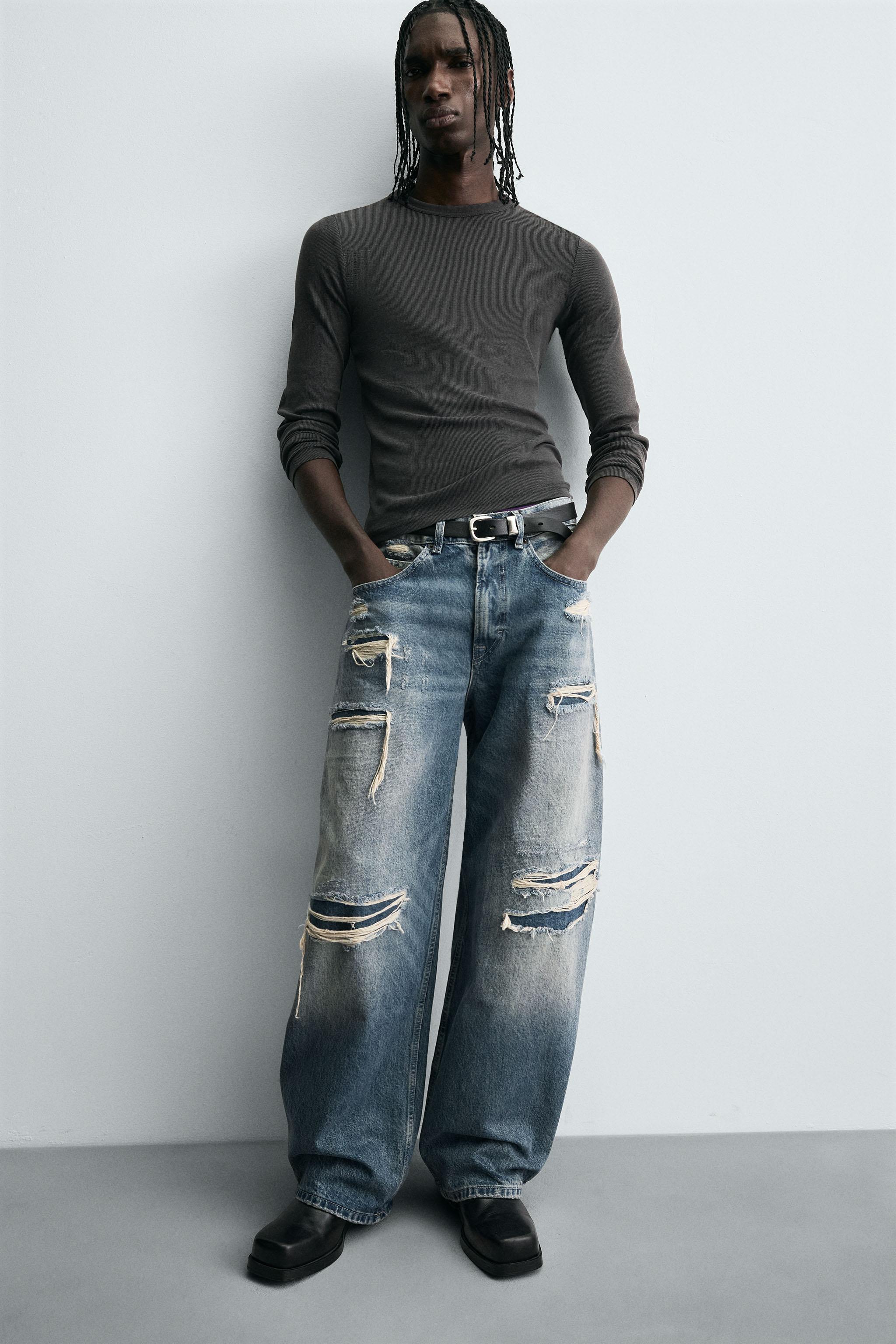 ダメージ加工バルーンフィットデニムパンツ - ミディアムブルー | ZARA