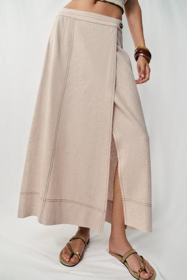 LINEN BLEND WRAP SKIRT WITH TOPSTITCHING - Light beige by Zara