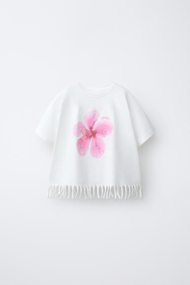SEQUINNED FLORAL FRINGED T-SHIRT - Oyster-white by Zara