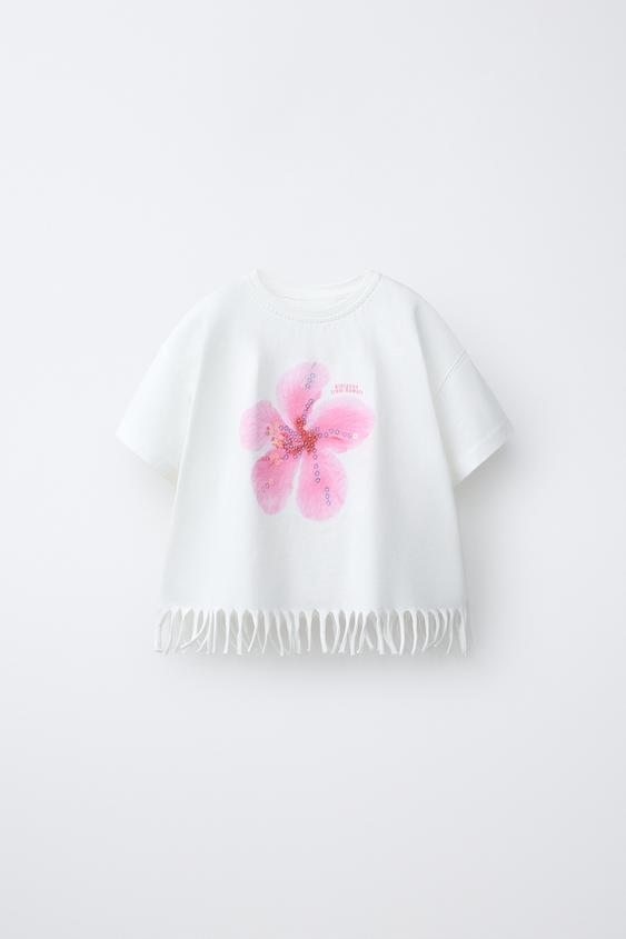 CAMISETA COM FRANJAS, FLOR E LANTEJOULAS - Branco-marfim da Zara - Imagem 0