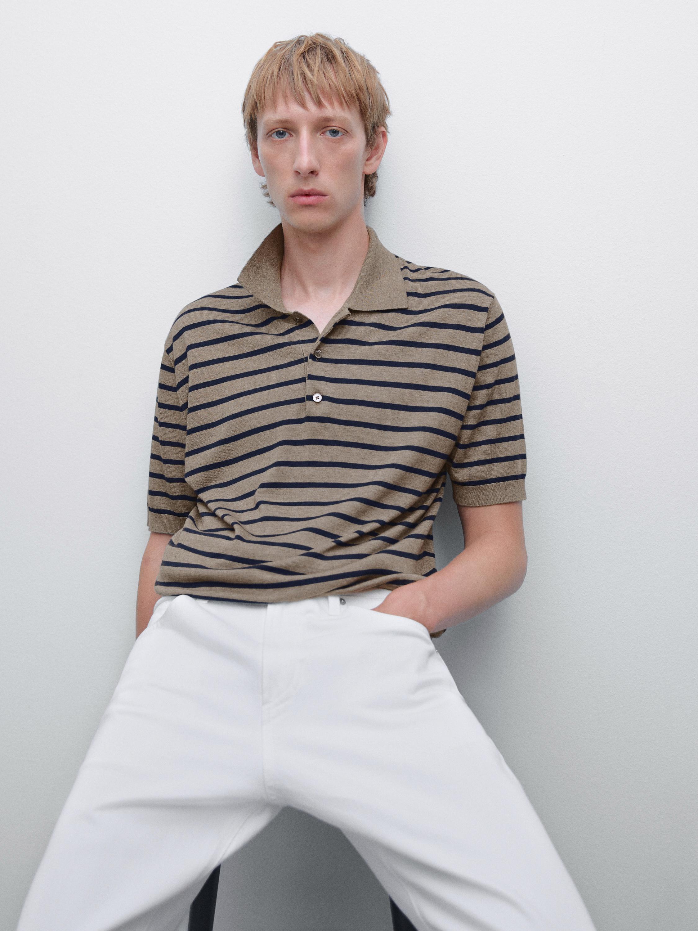 Short sleeve striped knit polo shirt