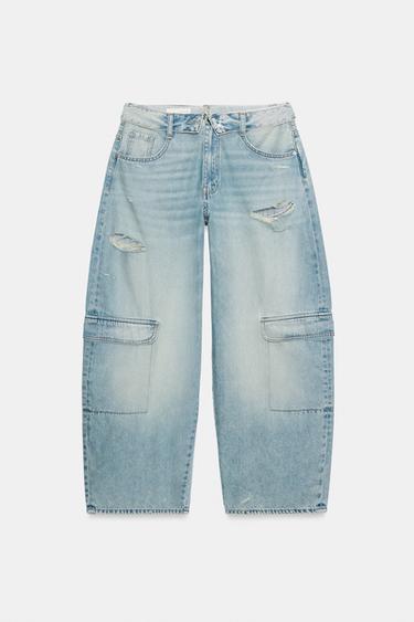 Zara MID-RISE TURNED-WAISTBALLOON CARGO JEANS - Light blue