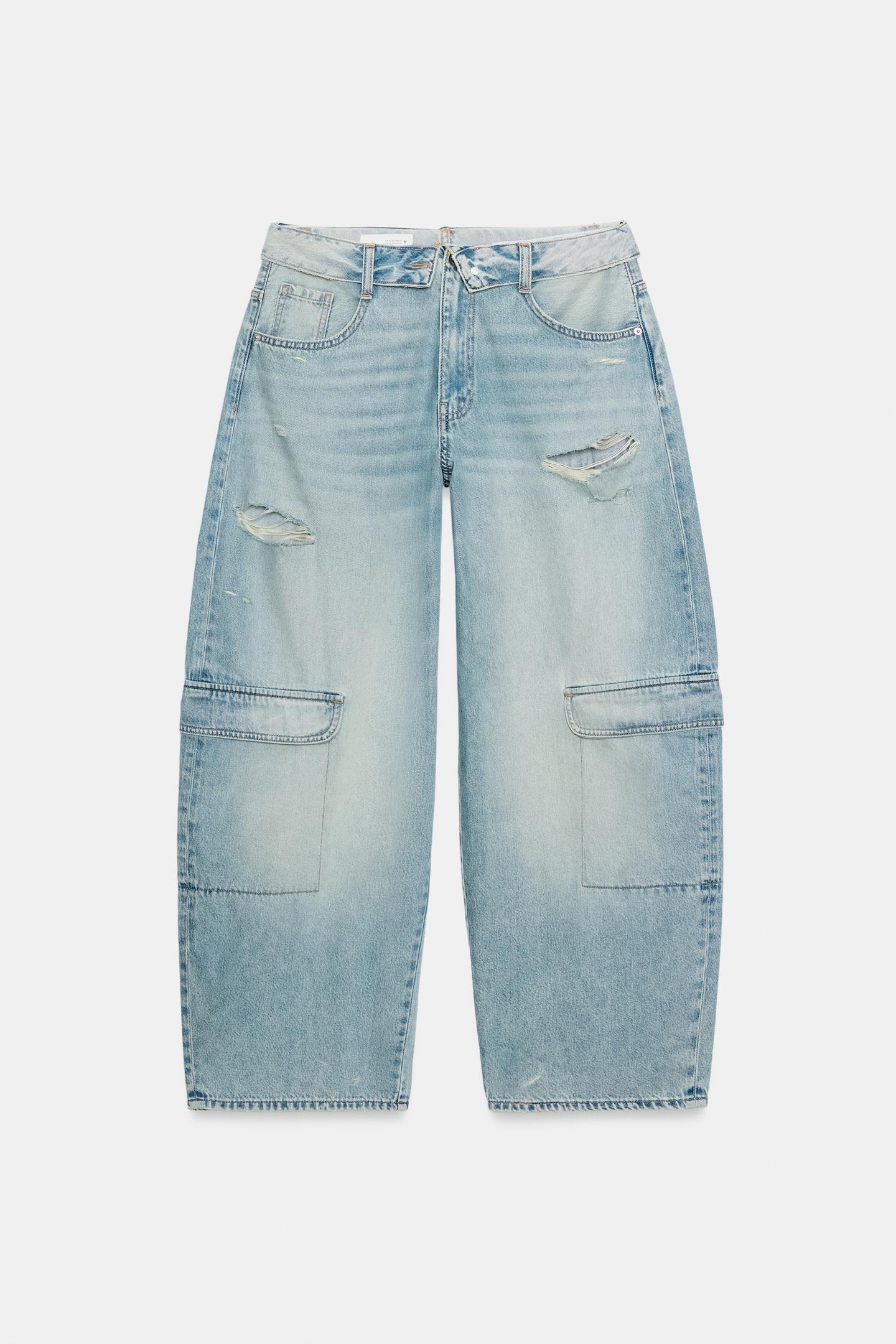 Женские джинсы Zara Mid-Rise Turned-Waistballoon Cargo, цвет: Светлый синий — фото 8