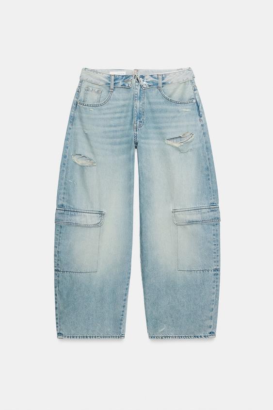 Zara MID-RISE TURNED-WAISTBALLOON CARGO JEANS - Light blue - Image 0
