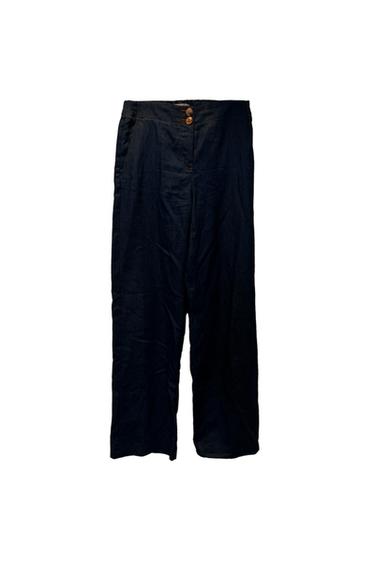 Black wide-leg trousers with two brown buttons on the waistband, on a white background.
