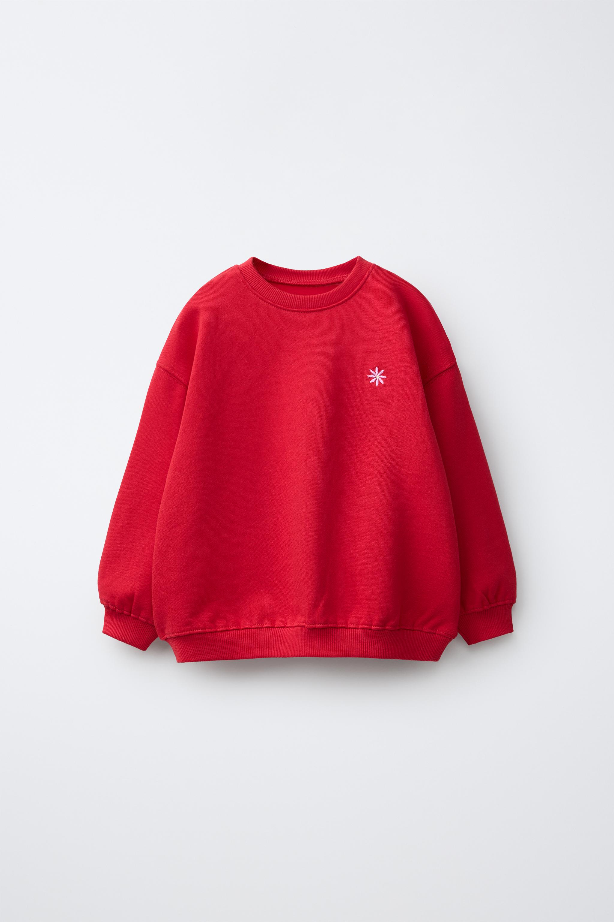 DAISY EMBROIDERED FLEECE SWEATSHIRT — Red