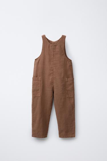 Zara LINEN COTTON STRIPE OVERALLS - Brick