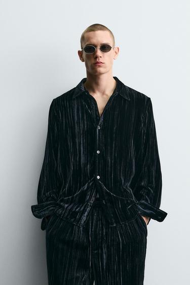 PLEATED VELVET OVERSHIRT - blue/black by Zara