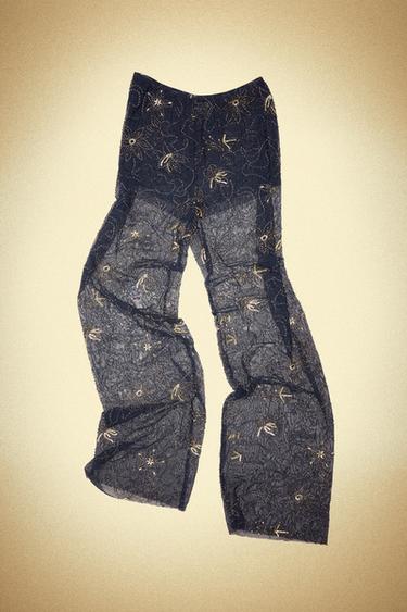 Zara BEADED SEQUIN STRAIGHT LEG PANTS - Blue
