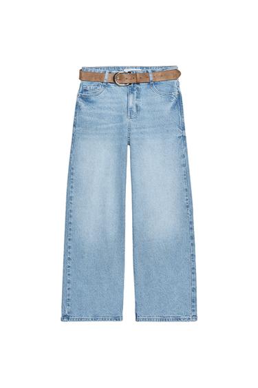 Front view of light blue, high-waisted jeans with a brown belt, five pockets, and a wide, cropped leg.