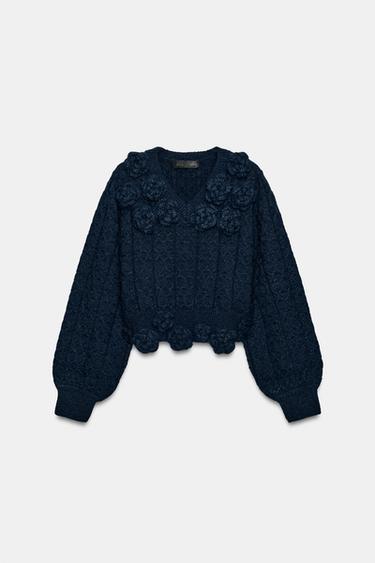 SUÉTER DE MALHA COM FLORES EM RELEVO - Azul da Zara - Imagem 0
