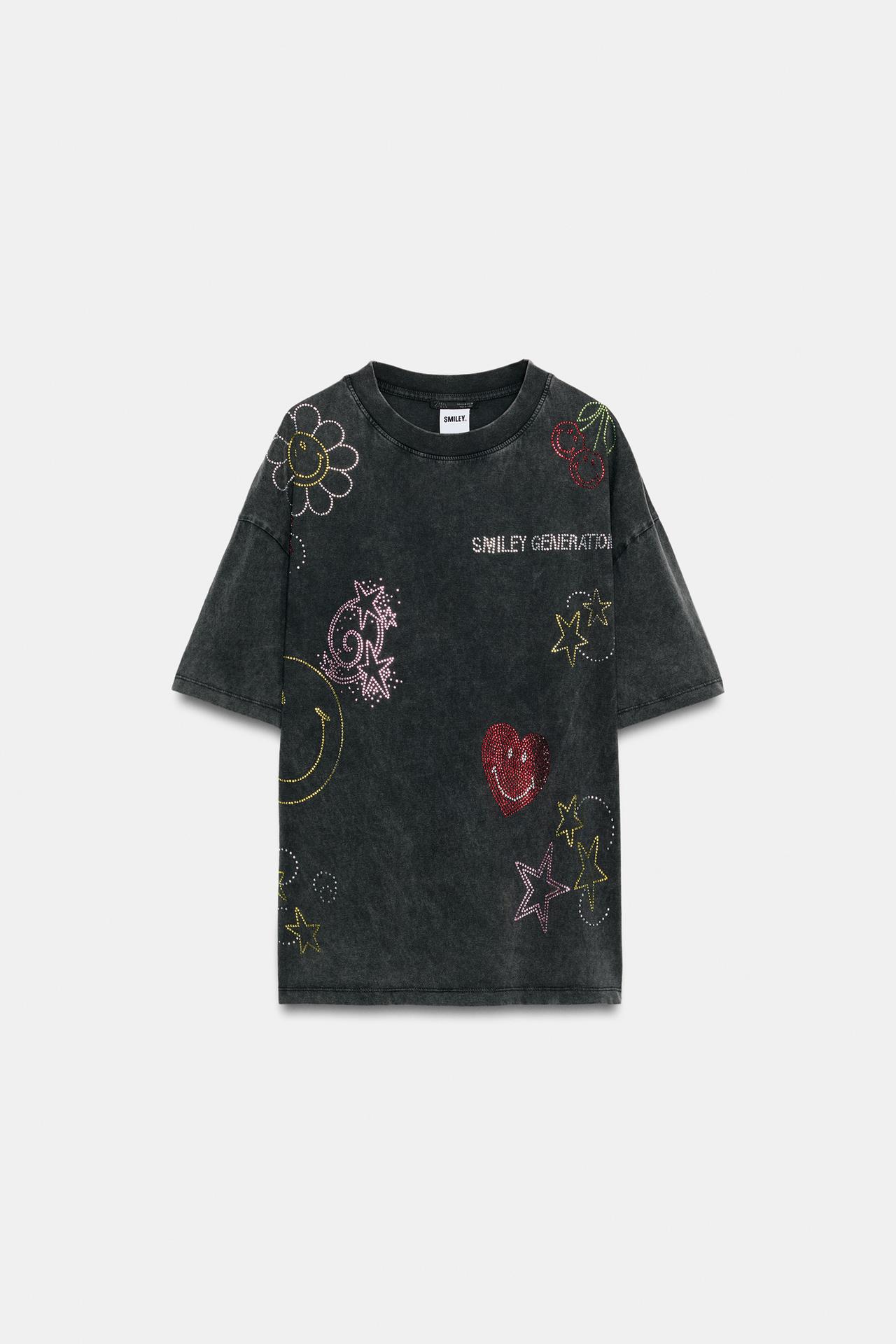 SMILEY® RHINESTONE WASHED T-SHIRT — Anthracite grey