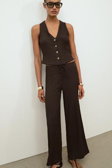 TEXTURED STRAIGHT-LEG TROUSERS - Chocolate by Zara