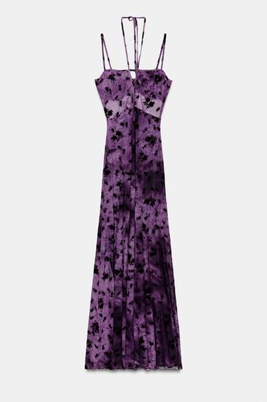 Zara LONG FLOCKED TULLE DRESS - Purple