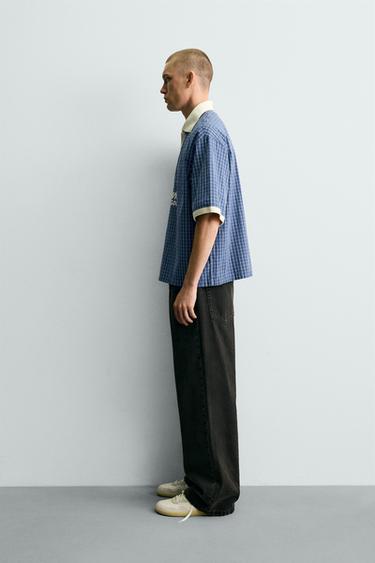 CHEMISE POLO COURTE COUPE TEXTE IMPRIMÉ - Bleu / Blanc de Zara - Image 3