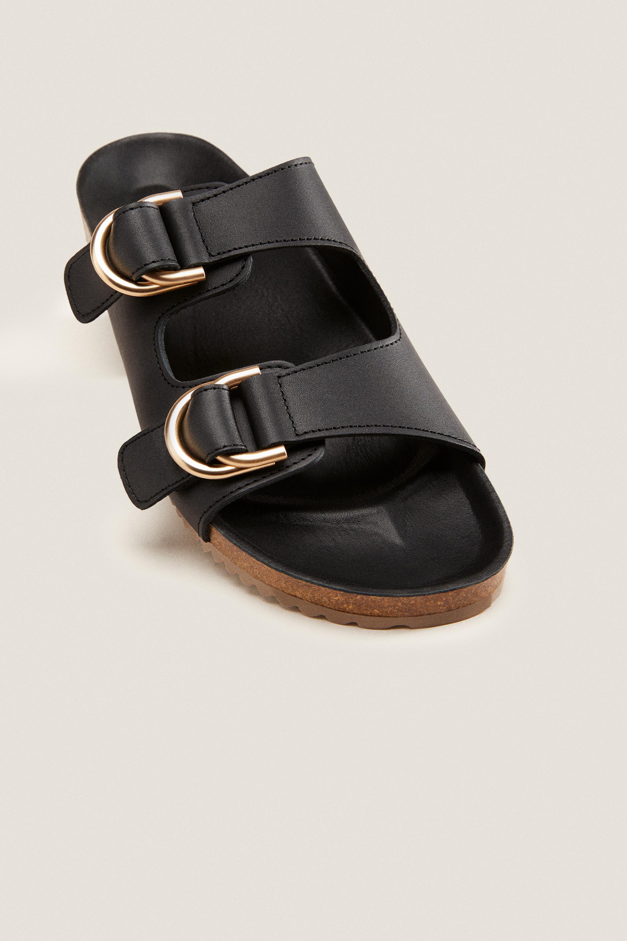 FLAT LEATHER SANDALS WITH BUCKLES - Brown | ZARA United States