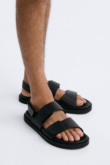 Zara LEATHER DOUBLE STRAP SANDALS - Black