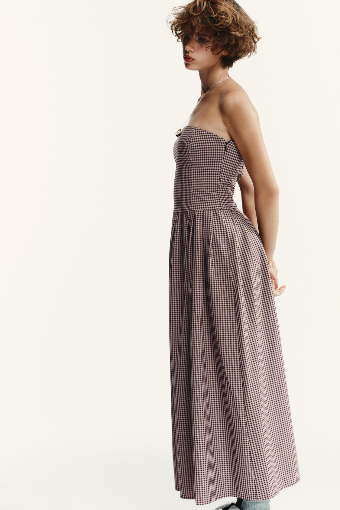 GINGHAM STRAPLESS MIDI DRESS