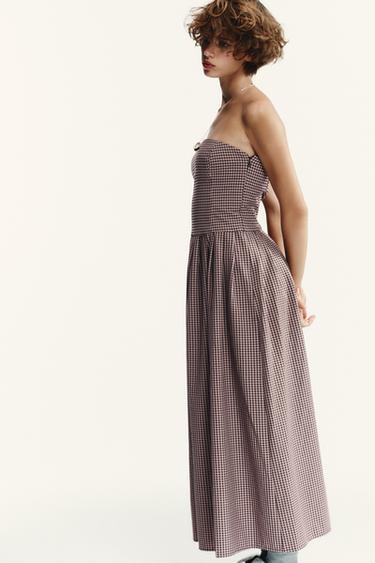 GINGHAM CHECK STRAPLESS MIDI DRESS - Dark pink by Zara - Image 4
