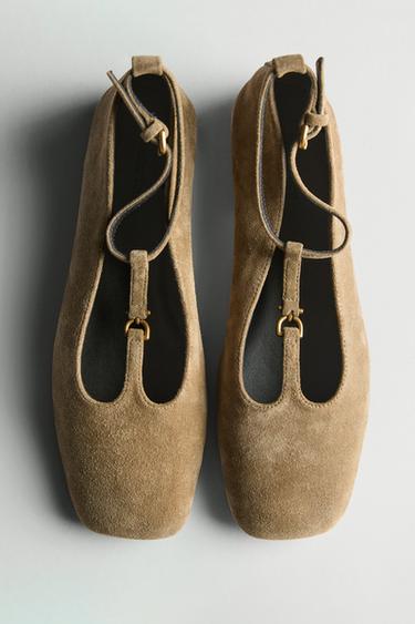 Zara Split suede ballet flats with instep strap - Taupe Gray - Image 0