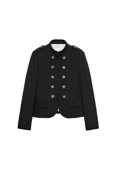 Front view of a black blazer with a stand-up collar, long sleeves, shoulder pads, double-breasted buttons, and flap pockets.
