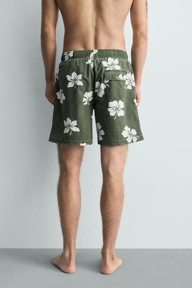 HIBISCUS PRINT LONG SWIM SHORTS - Billiard green by Zara - Image 3
