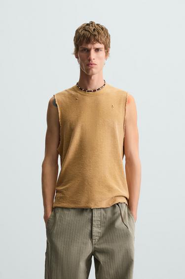 Zara WASHED KNIT PRINT T-SHIRT - Mustard