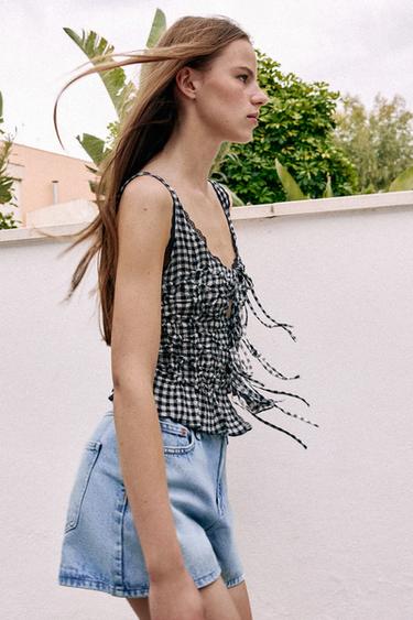 DRAPED GINGHAM TOP - Ecru / Blue by Zara - Image 5