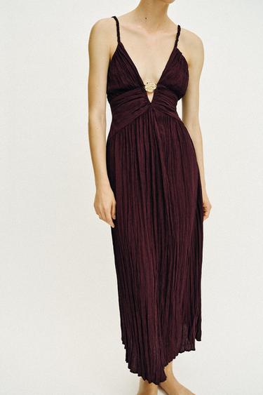 METALLIC DETAIL MIDI DRESS - Burgundy by Zara - Image 3