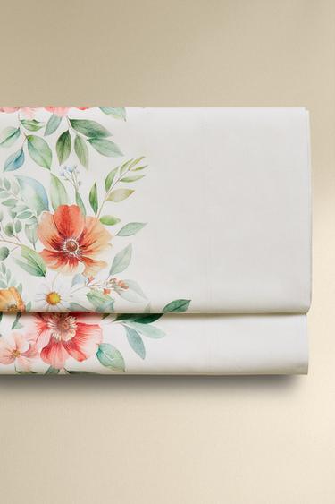 LENÇOL DE CIMA DE ALGODÃO COM ESTAMPADO DE FLOR - Branco-marfim da Zara