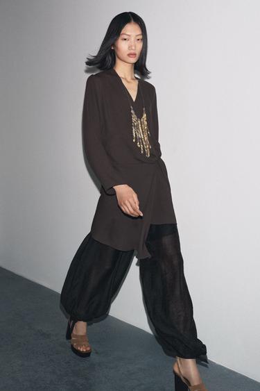 BLUSA CRUZADA ASIMÉTRICA ZW COLLECTION - Marrón oscuro de Zara